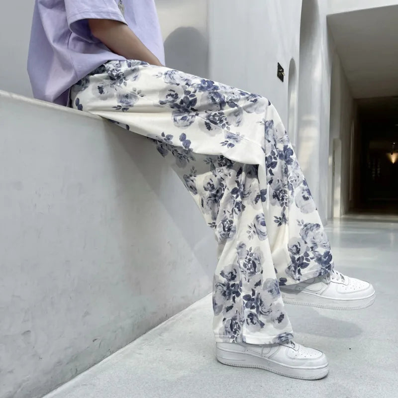 saferido Spring Summer Flower Pants Men's Fashion Printed Casual Pants Men Streetwear Loose Hip-hop Straight Wide-leg Pants Mens Trousers