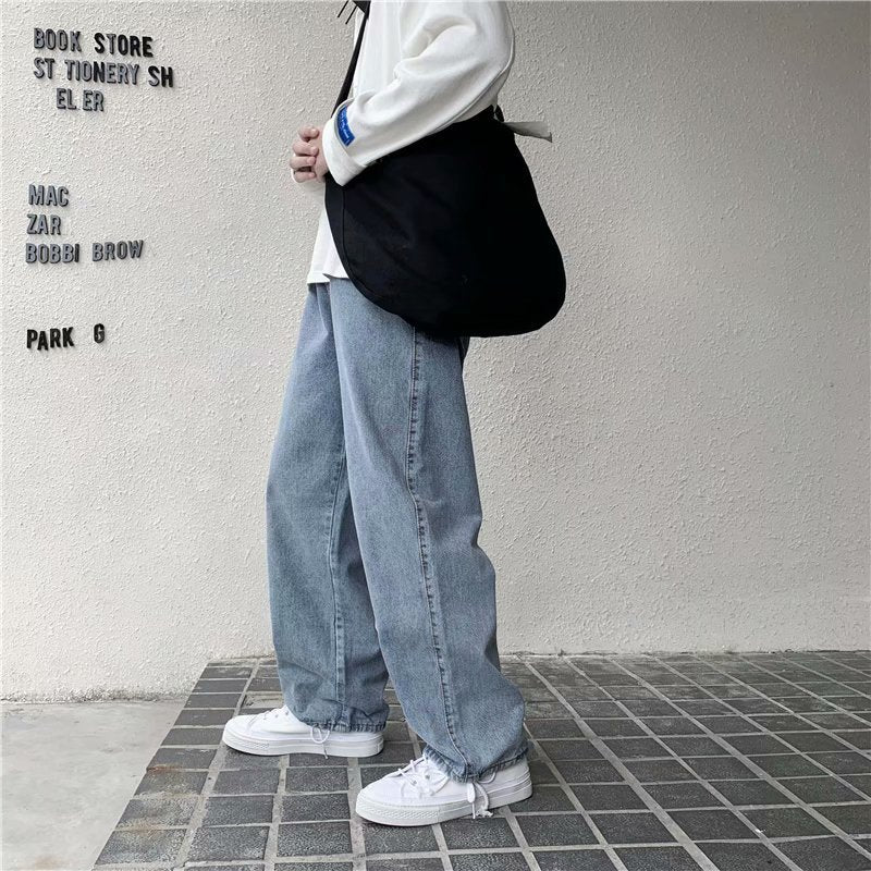 Men Jeans Solid Drawstring Denim Full Length Straight Loose Males All-match Trendy Punk Baggy Retro Leisure Chic Cowboy Trousers
