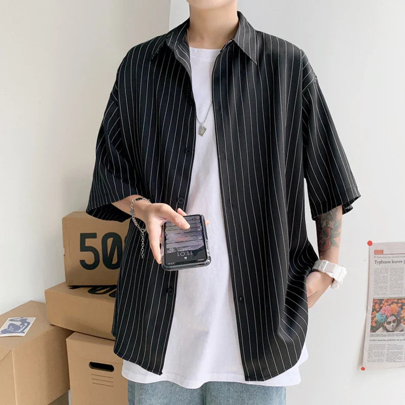 saferido Ruffian handsome black collared shirt men's summer casual loose Vertical Stripe shirt Short Sleeve Korean fashion handsome coat