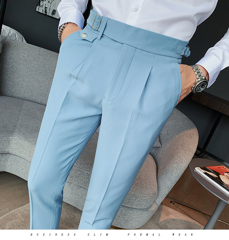 saferido        New Design Men High Waist Trousers Solid England Business Casual Suit Pants Belt Straight Slim Fit Bottoms White Clothing