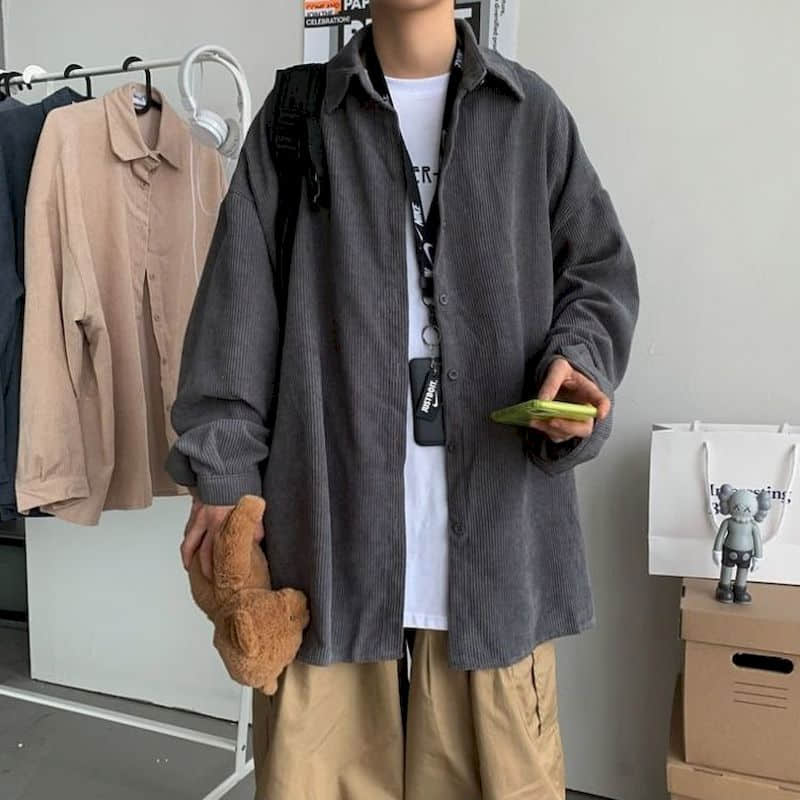 saferido Men's shirt casual Korean ruffian handsome corduroy jacket trend Harajuku all-match Hong Kong style autumn long-sleeved shirt