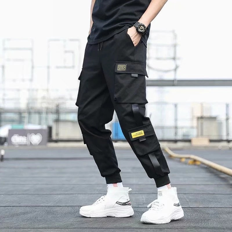 Men's Side Pockets Cargo Harem Pants Ribbons Black Hip Hop Casual Male Joggers Trousers Fashion Casual Streetwear Pants 5XL