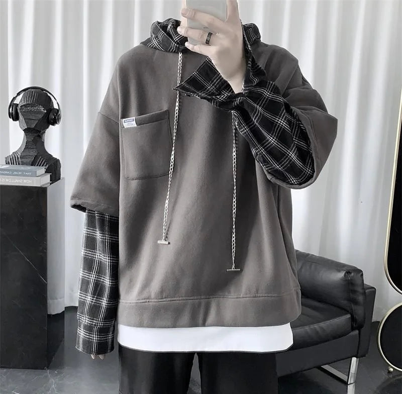 saferido Hooded sweater men's autumn Korean fashion versatile top loose fake two striped hip hop handsome coat