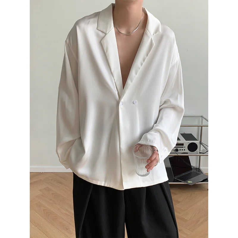 Summer Black White Silk Blazer Men's Fashion Business Society Mens Suit Jacket Korean Loose Casual Dress Jacket Men M-XL