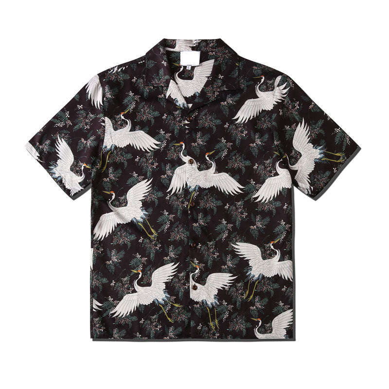 Harajuku Men Shirts Black Flower Print Short Sleeve Single Breasted Loose Shirt Hip Hop Beach Casual Streetwear Unisex