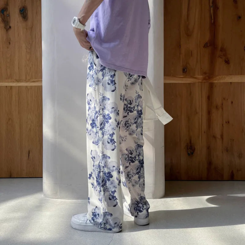 saferido Spring Summer Flower Pants Men's Fashion Printed Casual Pants Men Streetwear Loose Hip-hop Straight Wide-leg Pants Mens Trousers