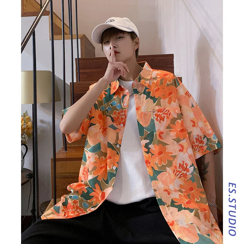 saferido shirt men's couple's Hawaiian Flower short sleeve coat fashion Korean summer quarter sleeve harajuku shirts for men