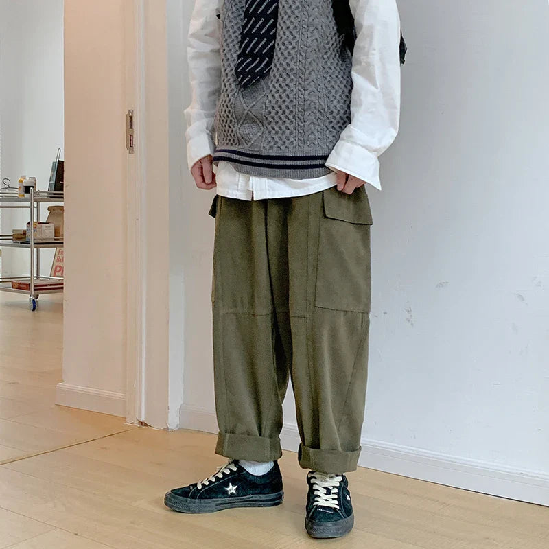 saferido Men's Baggy Cargo Casual Pants Pockets Streetwear Overalls Solid Color Trousers Loose Oversized Sweatpants Plus Size M-2XL