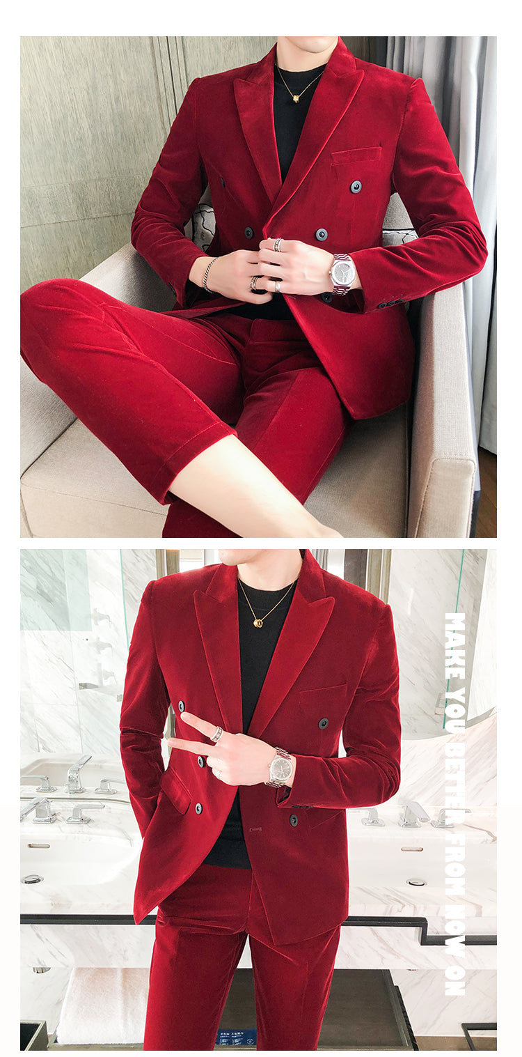 Elegant Wine Red Suits Mens Velvet Luxury Suits For Mens Groom Wedding Velour Suits Gentlemen Dress 2 pcs Flannel Green Burgundy