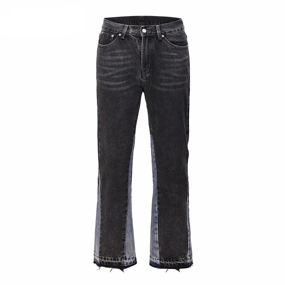 Vintage Patchwork Flare Jeans Urban Men Streetwear Wide Leg Denim Pant Hip Hop Black Colorblock Slim Fit Denim Jeans for Men