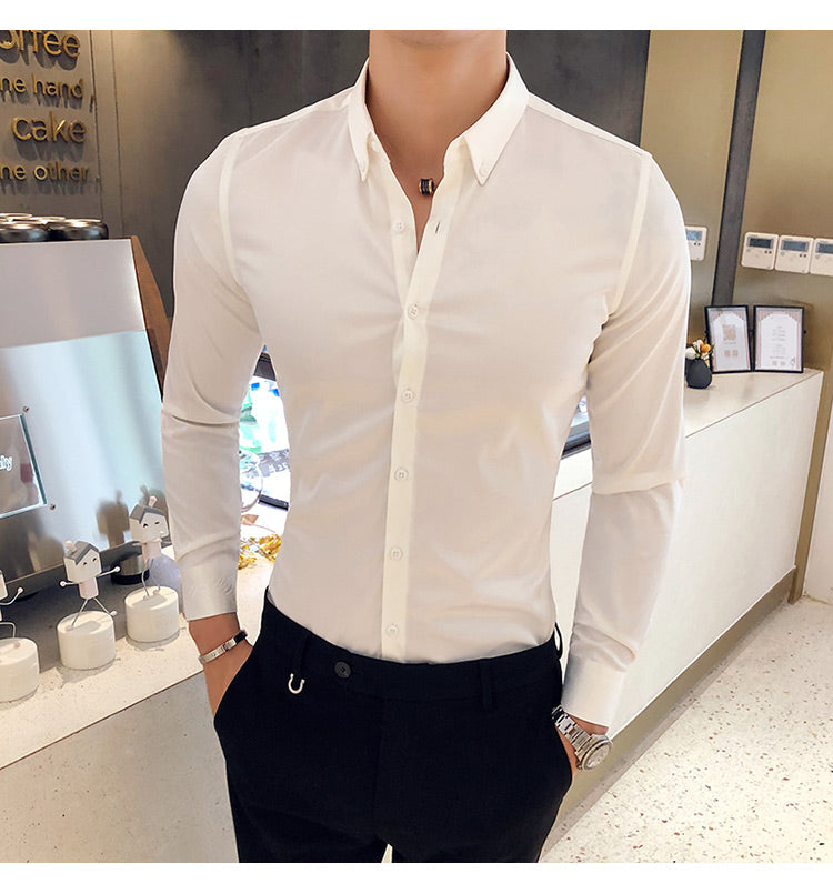 Neckline Embroidery Mens Shirts Long Sleeve Casual Slim Fit Men Dress Shirts Solid Color Formal Business Social Clothing Blouse