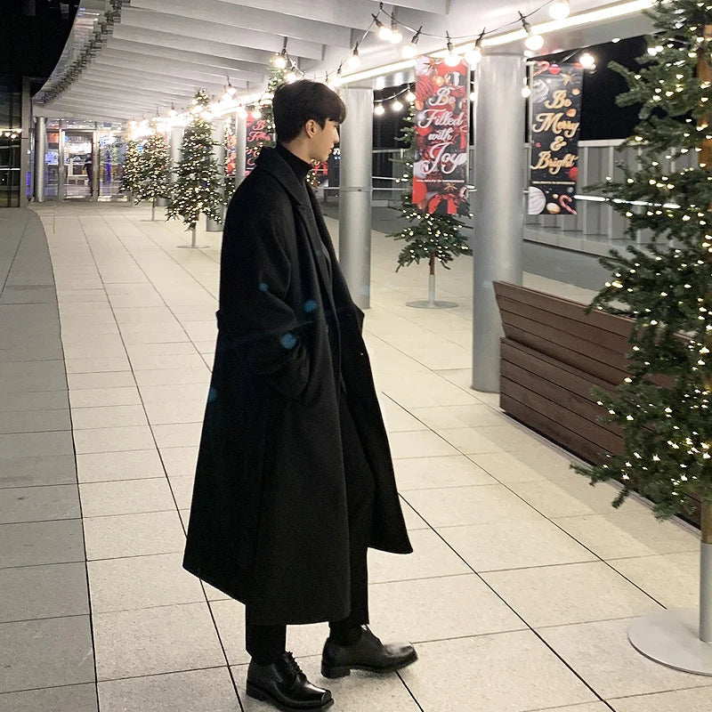 saferido Winter Men Thick Woolen Dust Coats Korean Style Streetwear Male Loose Solid Color Warm Trenchcoat High Quality Men's Windbreak