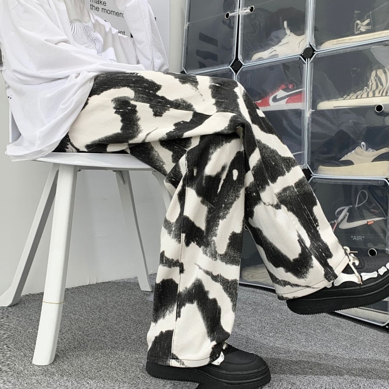 Blue Black Tie-dye Jeans Men Fashion Print Casual Baggy Jeans Mens Streetwear Loose Hip-hop Straight Denim Trousers Men M-2XL
