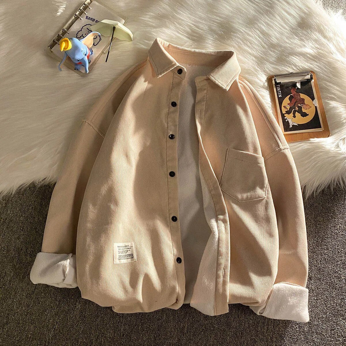 Corduroy Fleece Thicken Mens Autumn Winter Shirts Loose Warm Long Sleeve Casual Blouse Fashion Male Cardigan