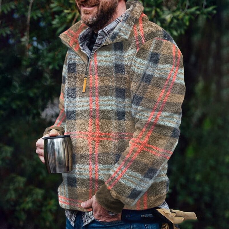 saferido       Oversized Autumn Winter Warm Long Sleeve Loose Sweaters For Men Casual Turn-down Collar Plaid Print Top Mens Fashion Streetwear