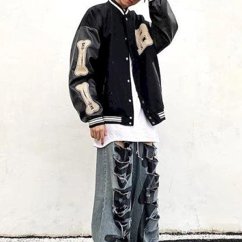 saferido Men Baseball Jacket Hip Hop Harajuku Embroidery Bone Letter Patchwork Bomber Coat Fashion High Street Casual Loose Jacket Unisex