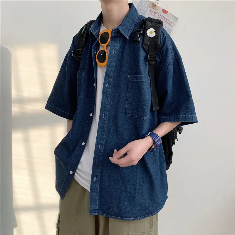 saferido Denim Shirts Male Harajuku Denim Shirt For Men Korean Oversized Casual Streetwear Short Half Sleeve Vintage Fashion