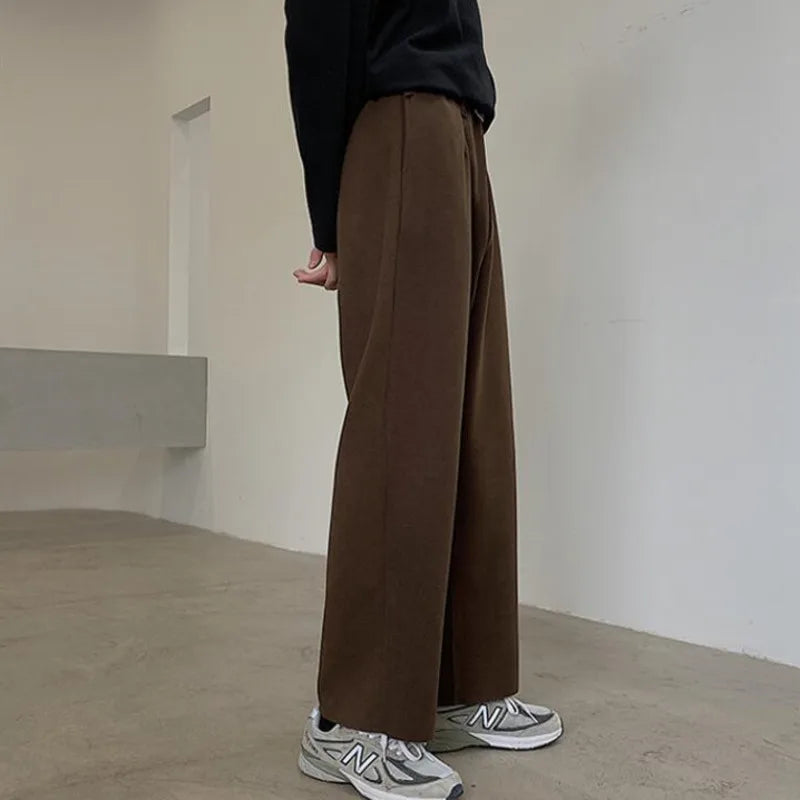 Winter Thick Woolen Pants Men's Warm Fashion Black Brown Casual Pants Men Korean Loose Straight-leg Pants Mens Trousers S-2XL