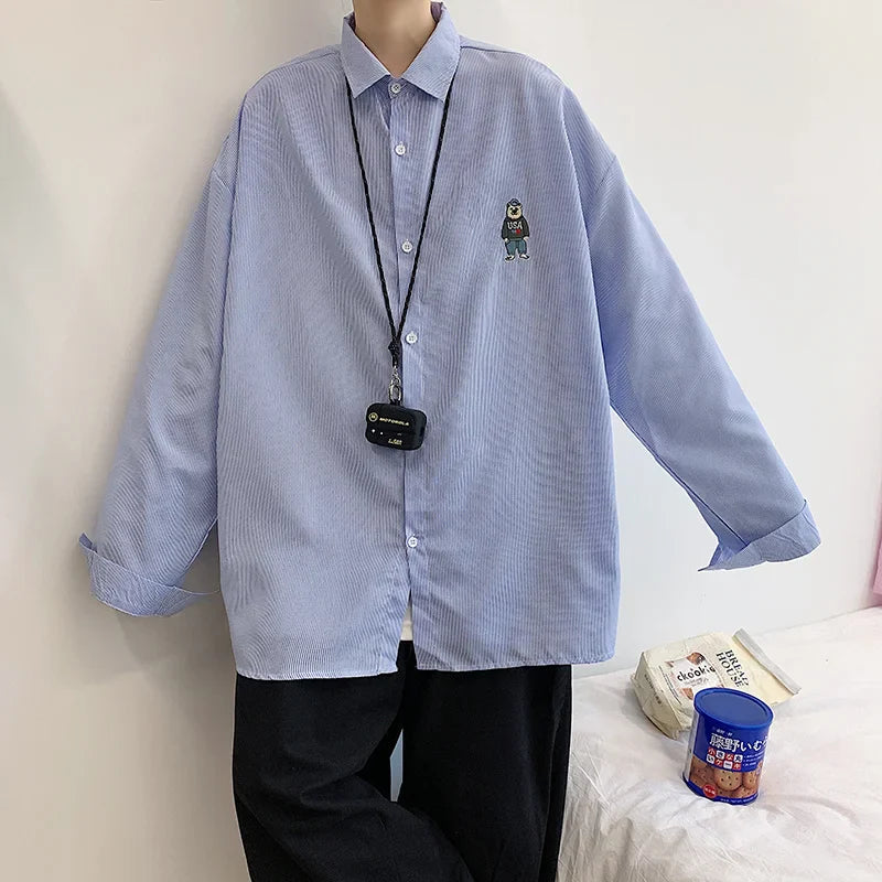 saferido Spring Fashion: Korean bear embroidered versatile striped long sleeve shirt couple shirts