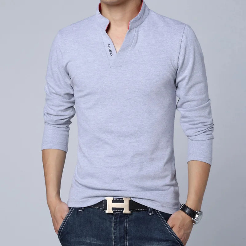 saferido T-Shirt Men Spring Cotton T Shirt Men Solid Color Tshirt Mandarin Collar Long Sleeve Top Men Brand Slim Fit Tee Shirts 5XL