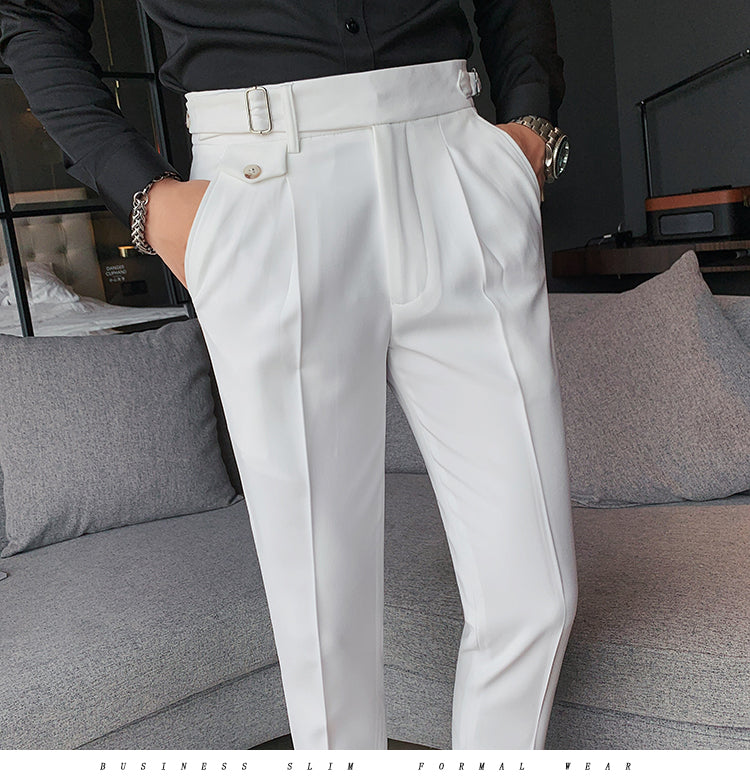 saferido        New Design Men High Waist Trousers Solid England Business Casual Suit Pants Belt Straight Slim Fit Bottoms White Clothing