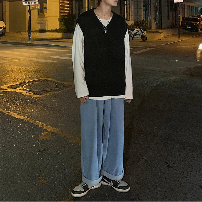 saferido Sweater Vest Men Loose Simple Solid Color Knitted V-neck Students All-match Basic Tops Harajuku Sleeveless Jumpers Korean Trendy