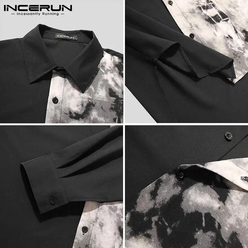 Men Casual Shirt Spring Print Patchwork Lapel Long Sleeve Streetwear Tops Korean Loose Fashion Shirts Camisas 5XL INCERUN