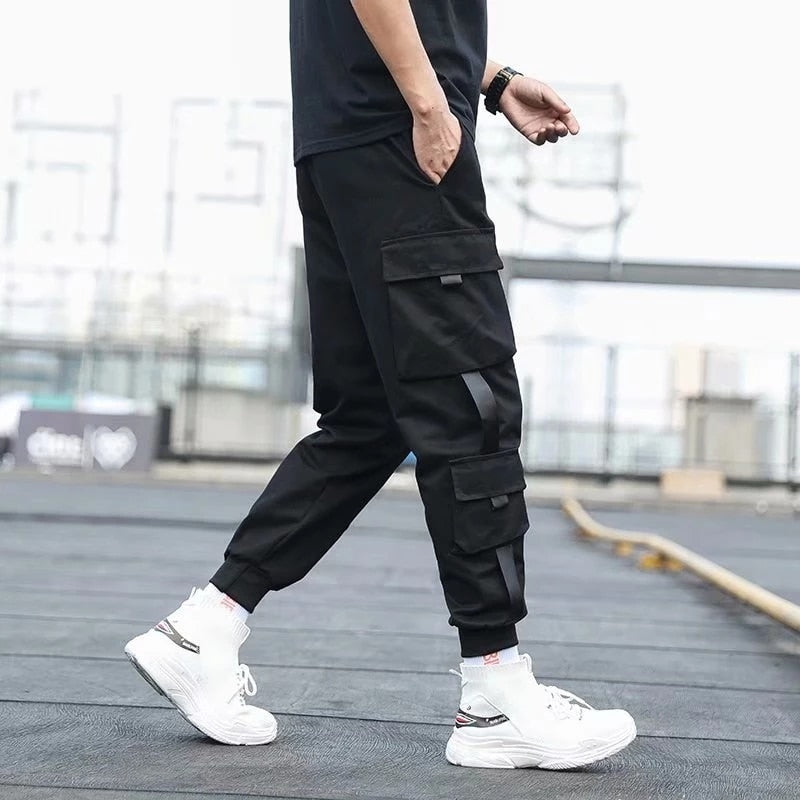Men's Side Pockets Cargo Harem Pants Ribbons Black Hip Hop Casual Male Joggers Trousers Fashion Casual Streetwear Pants 5XL