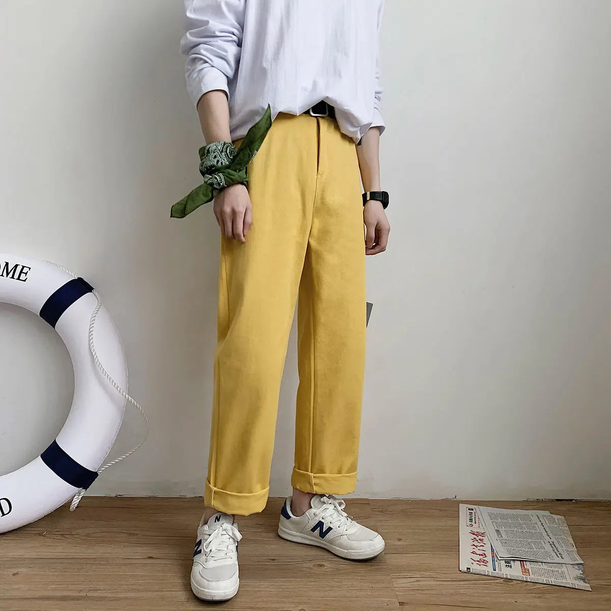 saferido Korean Style Men's Solid Color Casual Pants Fashion Trend Yellow Straight Pants Popular Loose Streetwear Trousers M-3XL