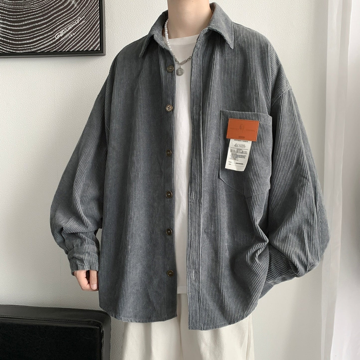 Corduroy Men Shirts For Men Clothing Harajuku Black Shirt Korean Style Men Shirt Long Sleeve Vintage Clothes Streetwear 3XL