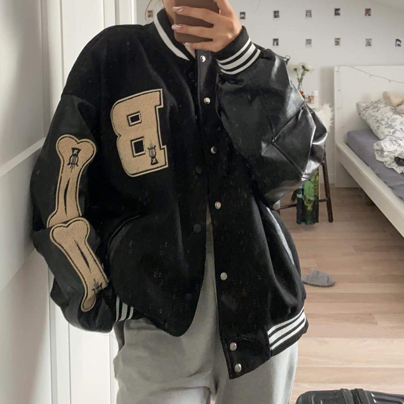 saferido Men Baseball Jacket Hip Hop Harajuku Embroidery Bone Letter Patchwork Bomber Coat Fashion High Street Casual Loose Jacket Unisex