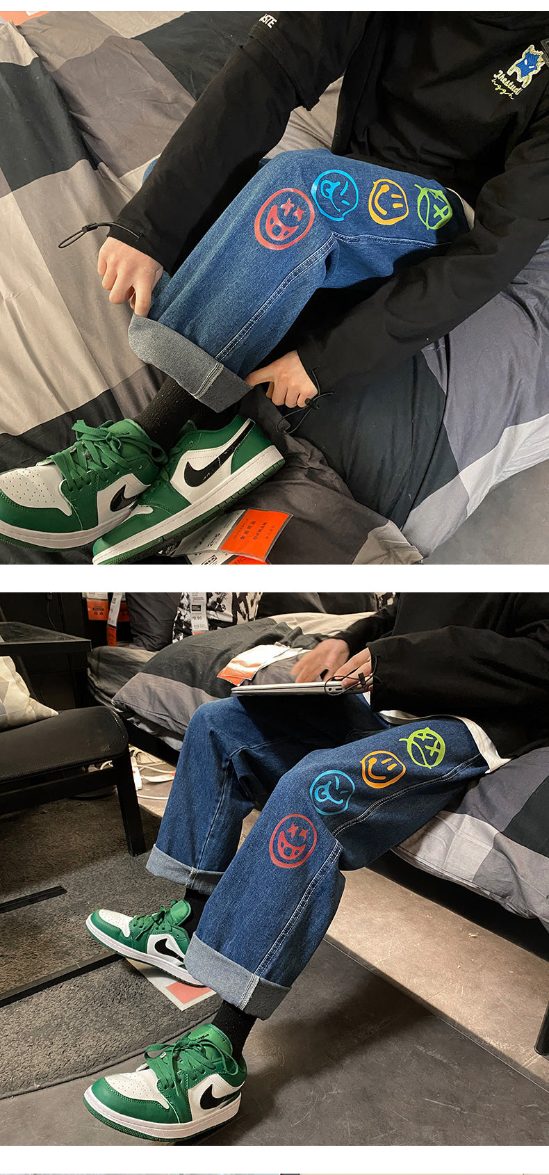 Black Jeans for Men Colorful Smiley Print Straight Leg Denim Pants Teen Hip Hop Clothes Male Baggy Trousers Oversized Streetwear