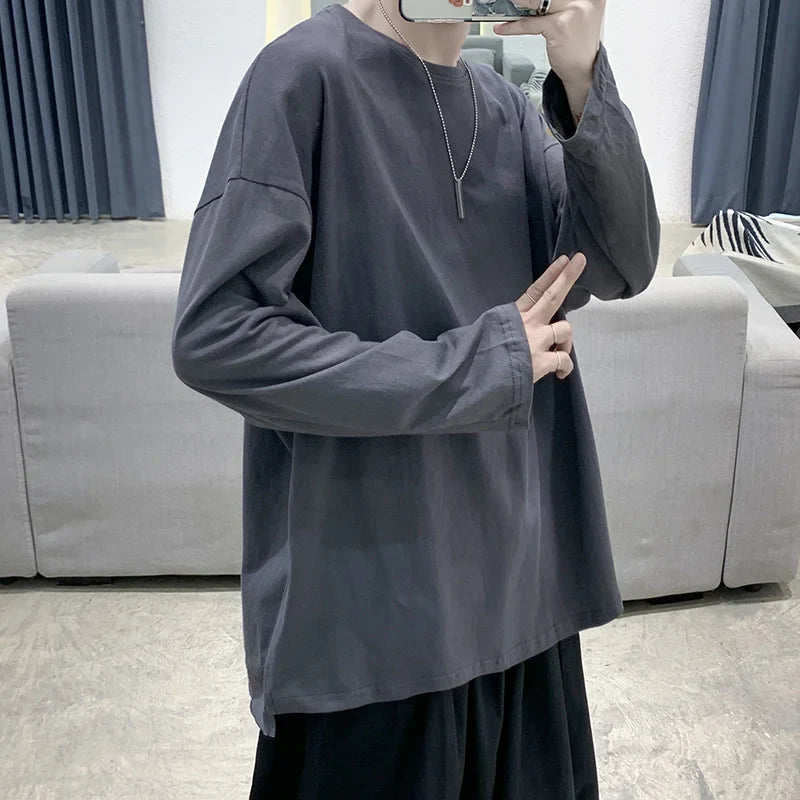 saferido Spring Multicolor Cotton T-shirt Men Fashion Solid Color Casual O-neck T Shirt Men Korean Loose Long-sleeved T-shirt Mens Tops