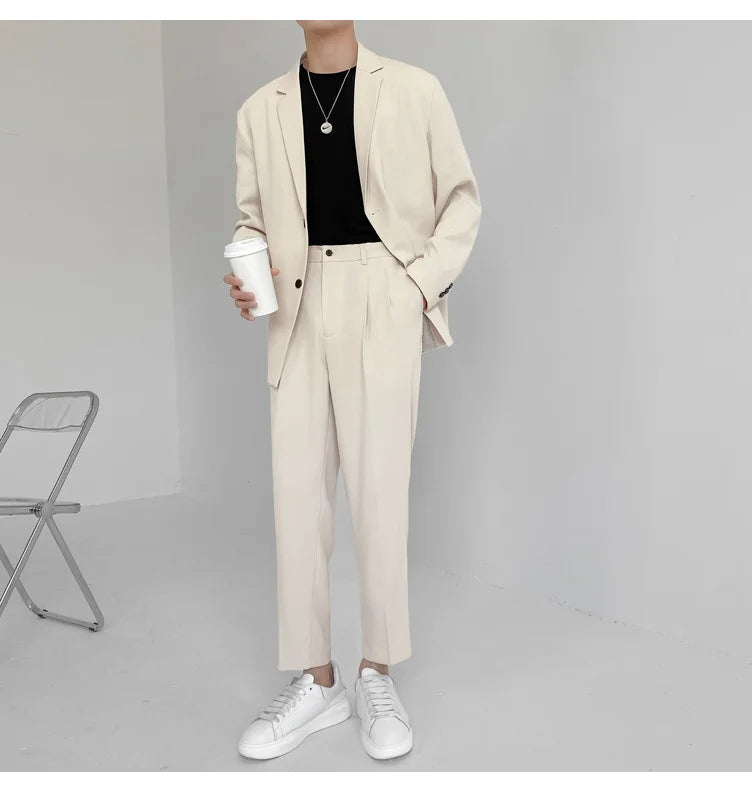 Men's Suit Two Pieces Set Simple Light Mature Loose Long Sleeve Suit Coat + Suit Pants Green High Quality New