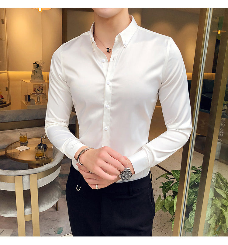 Neckline Embroidery Mens Shirts Long Sleeve Casual Slim Fit Men Dress Shirts Solid Color Formal Business Social Clothing Blouse