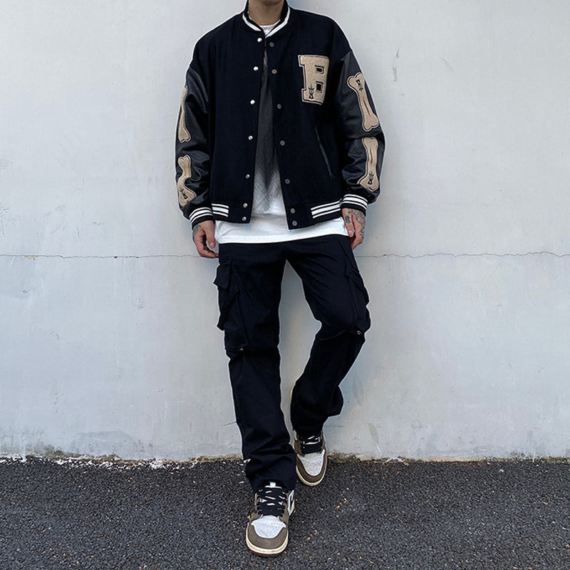 saferido Men Baseball Jacket Hip Hop Harajuku Embroidery Bone Letter Patchwork Bomber Coat Fashion High Street Casual Loose Jacket Unisex