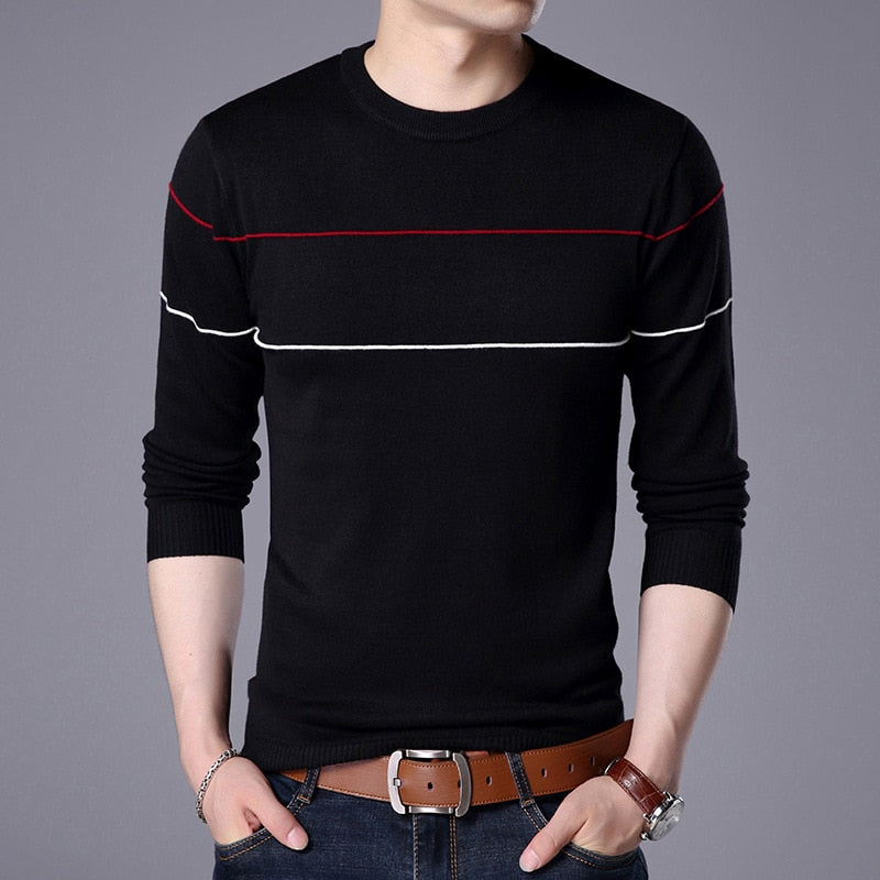 Autumn Men's Knitted Sweater T Shirt Comfy O Neck Long Sleeve Pullover Stripe Patchwork Jumper Casual Bottoming Shirt for Winter
