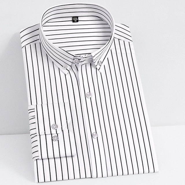 Men's Fashion Non-iron Stretch Soft Casual Striped Shirts Pocketless Design Long Sleeve Standard-fit Youthful Button-down Shirt