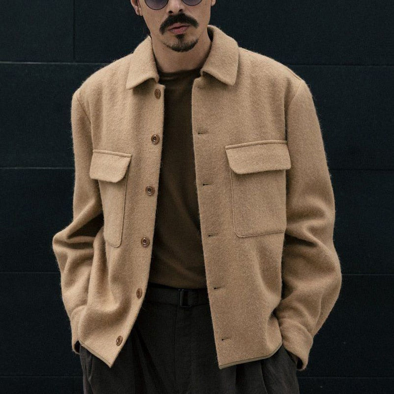saferido Autumn Vintage Buttoned Turn-down Collar Jackets For Men Casual Long Sleeve Solid Color Outerwear Fashion Mens Loose Coats