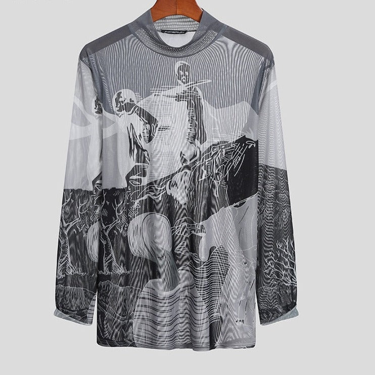 Men T Shirt Turtleneck Mesh Transparent Printed Sexy Long Sleeve Fitness Party Camisetas Streetwear Undershirt