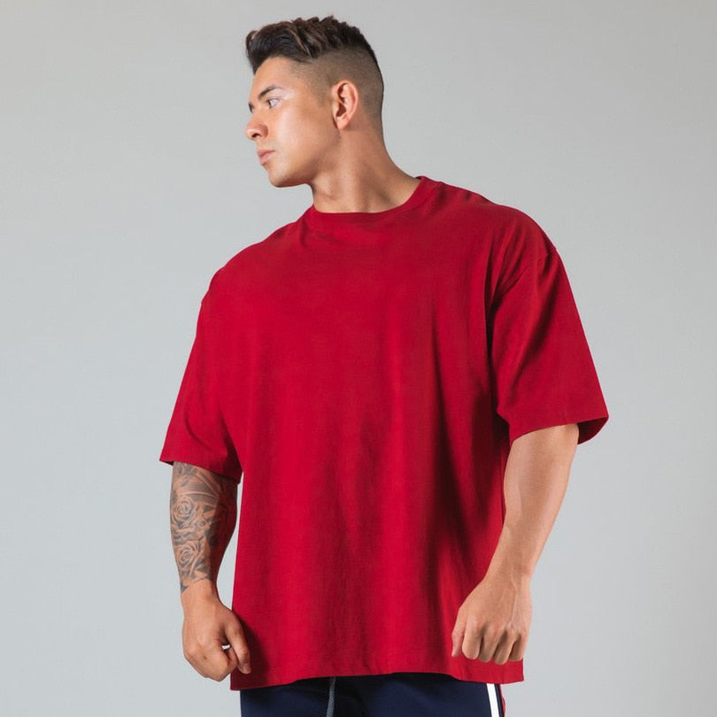 New Summer Running Oversized T-Shirt Men's Gym Bodybuilding Fitness Loose Casual Cotton Short Sleeve Men's Street Sports T-Shirt