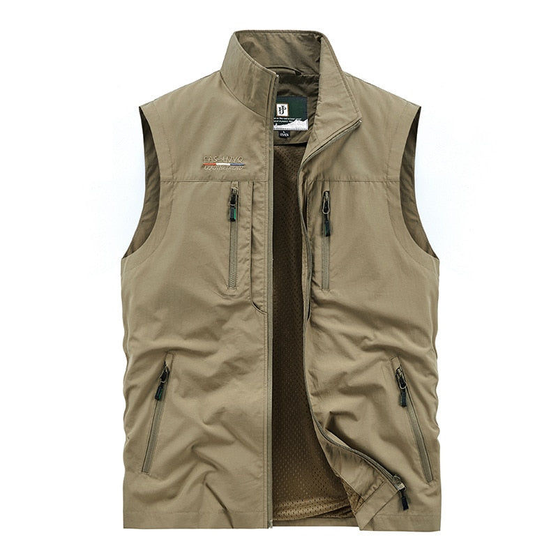 Men's Leisure Vest Solid Color Tooling Style Waistcoat Thin Fishing Hiking Multi-Pocket Casual Loose Vest for Men