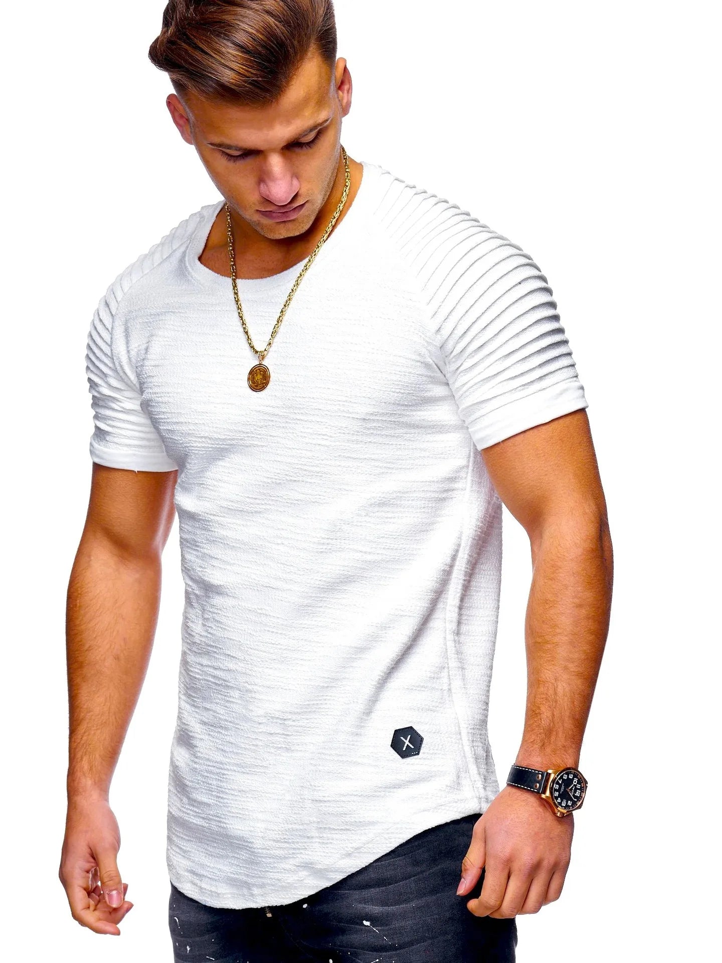 Summer Men TShirts Short Sleeve Slim Fit T-Shirts Tops Men Cotton Tops tees bodybuilding Fold T-shirt Mens Casual Clothing