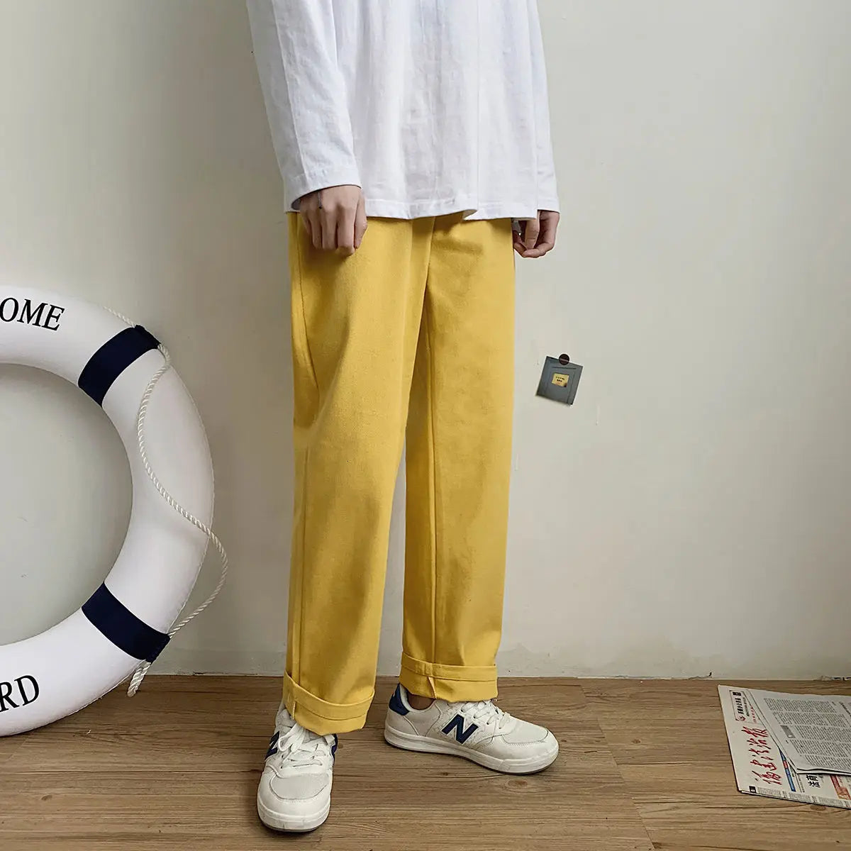 saferido Korean Style Men's Solid Color Casual Pants Fashion Trend Yellow Straight Pants Popular Loose Streetwear Trousers M-3XL