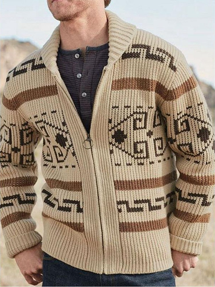 Men's Lapel Cardigan Printed Decor European And American Hand Knitting Wool Soft Stretchy Coat Loose Various Size Male Sweater