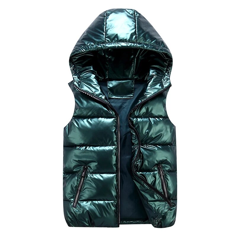 Men's Vest Winter Fashion Silver Male Cotton-Padded Hooded Coats Sleeveless Jackets Casual Thick Waistcoats Mens Clothing