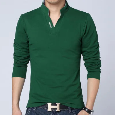 saferido T-Shirt Men Spring Cotton T Shirt Men Solid Color Tshirt Mandarin Collar Long Sleeve Top Men Brand Slim Fit Tee Shirts 5XL
