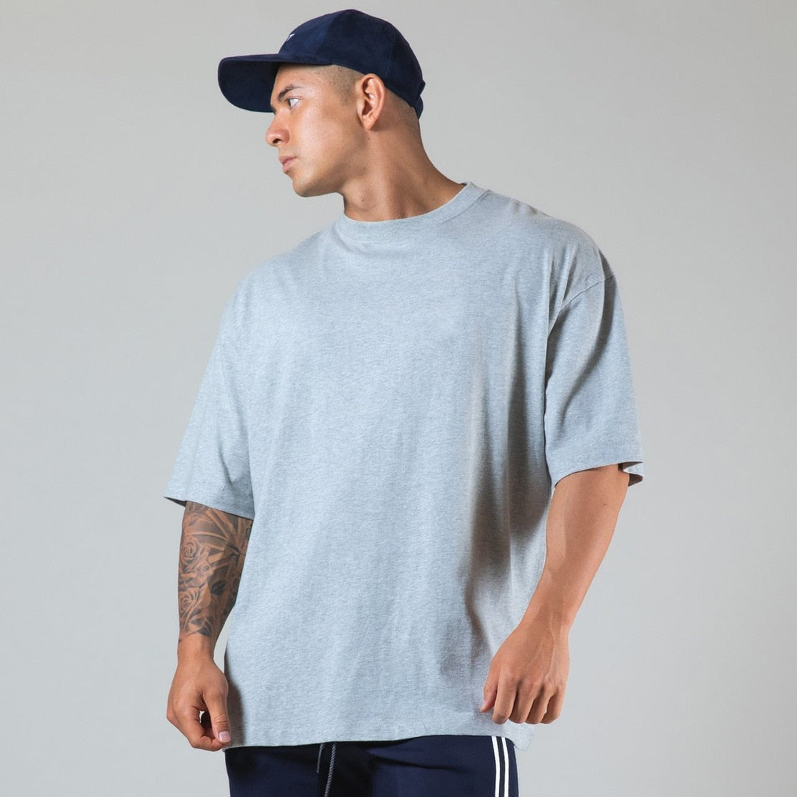New Summer Running Oversized T-Shirt Men's Gym Bodybuilding Fitness Loose Casual Cotton Short Sleeve Men's Street Sports T-Shirt