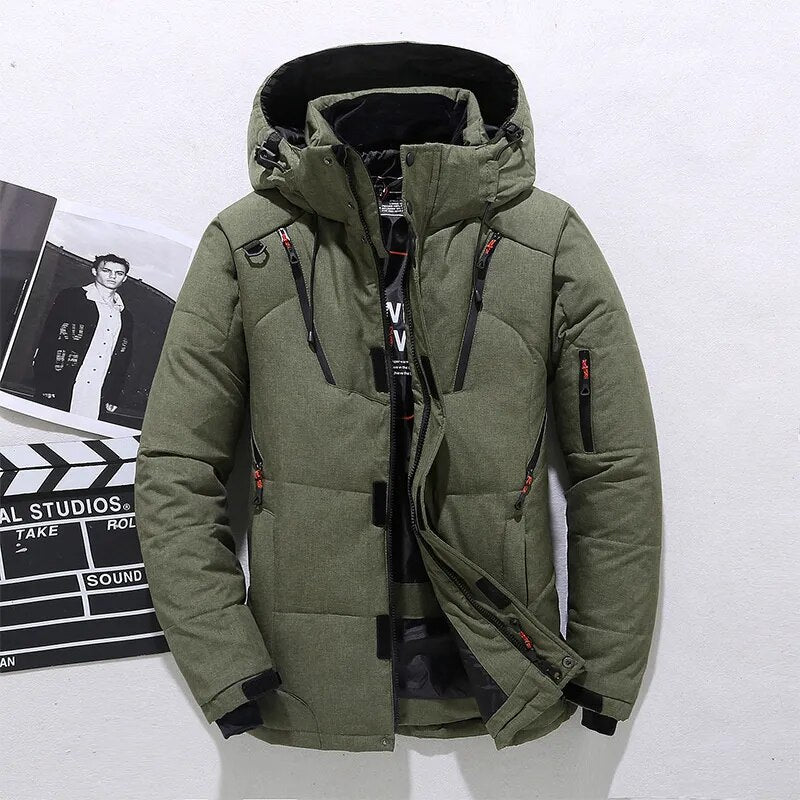 Brand Down Jacket Male Winter Parkas Men White Duck Down Jacket Hooded Outdoor Multi Pockets Thick Warm Padded Snow Coat Male