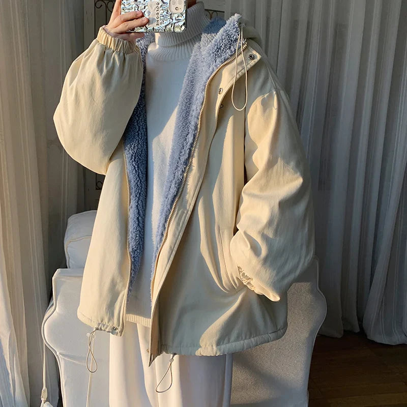 saferido Winter Thick Lamb Fur Jacket Men Warm Fashion Hooded Coat Men Korean Loose Oversized Short Coat Mens Cotton Outwear Jackets